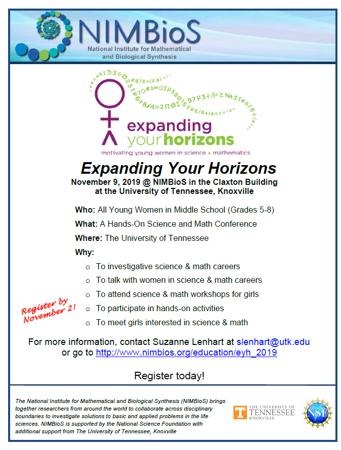 UTK_PREP's tweet photo. @NIMBioS is hosting a #STEM Activity Day for middle school girls on November 9th 9AM - 2:30PM at the Claxton Building. $10 registration fee (lunch provided). Register online today! π©βπ¬ #WomenInSTEM #TNSTEM #NIMBioS https://t.co/sOOtX2Wkcw