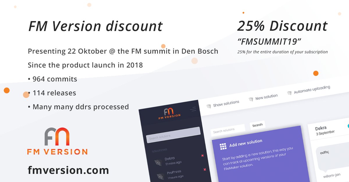 KempenIT's tweet photo. Presenting 22 Oktober @ the FM summit in Den Bosch
We've come a long way since the introduction of https://t.co/JNvcLRgNCm in the FMSummit 2018.
• 964 code commits 
• 114 new releases
• Many many DDR's processed!
Use FMSUMMIT19 and receive 25% off

#fmsummit #filemaker https://t.co/hieqvZ8GTZ