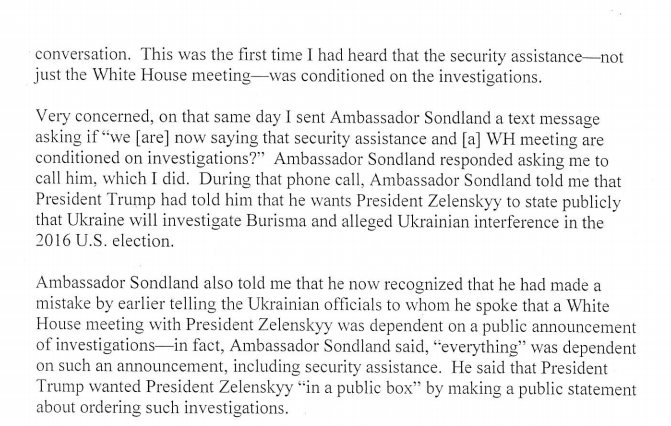 dnvolz's tweet photo. WSJ has obtained a copy of Bill Taylor's testimony, in which he says Sondland told him Trump made clear Zelensky needed to declare Ukraine would investigate Burisma and the 2016 election. 

"Everything," including security assistance, was on the table.
https://t.co/gjSImmWtot https://t.co/lG0C4xCpiA
