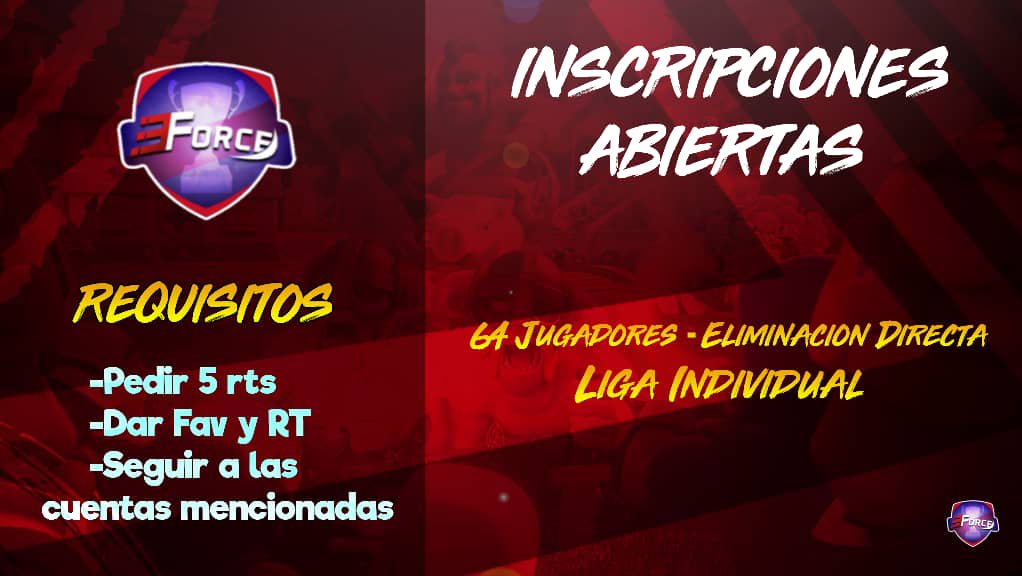 EForceCupGG's tweet image. Abrimos inscripciones para esta segunda edición de CR Individual!🏆

-Requisitos:

📋• Pedir 5RT Etiquetandonos
📋• Dar RT y 💟
📋• Mencionar 2 jugadores en lo comentarios

• Seguir a:

@EForceCupGG
@MagdielV4
@EternityForceGG
@EternityForceAC

• Mandar MD con las pruebas.