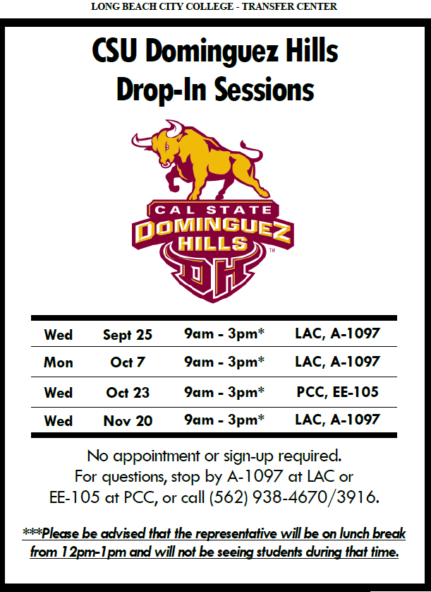 LbccTransfer's tweet photo. Speak to CSUDH Rep tomorrow, Wed, 10/23, at the LBCC PCC Transfer Center, EE-105.  No appointment needed!  9am-12pm &amp; 1pm-2pm. https://t.co/C1ih2sdAie