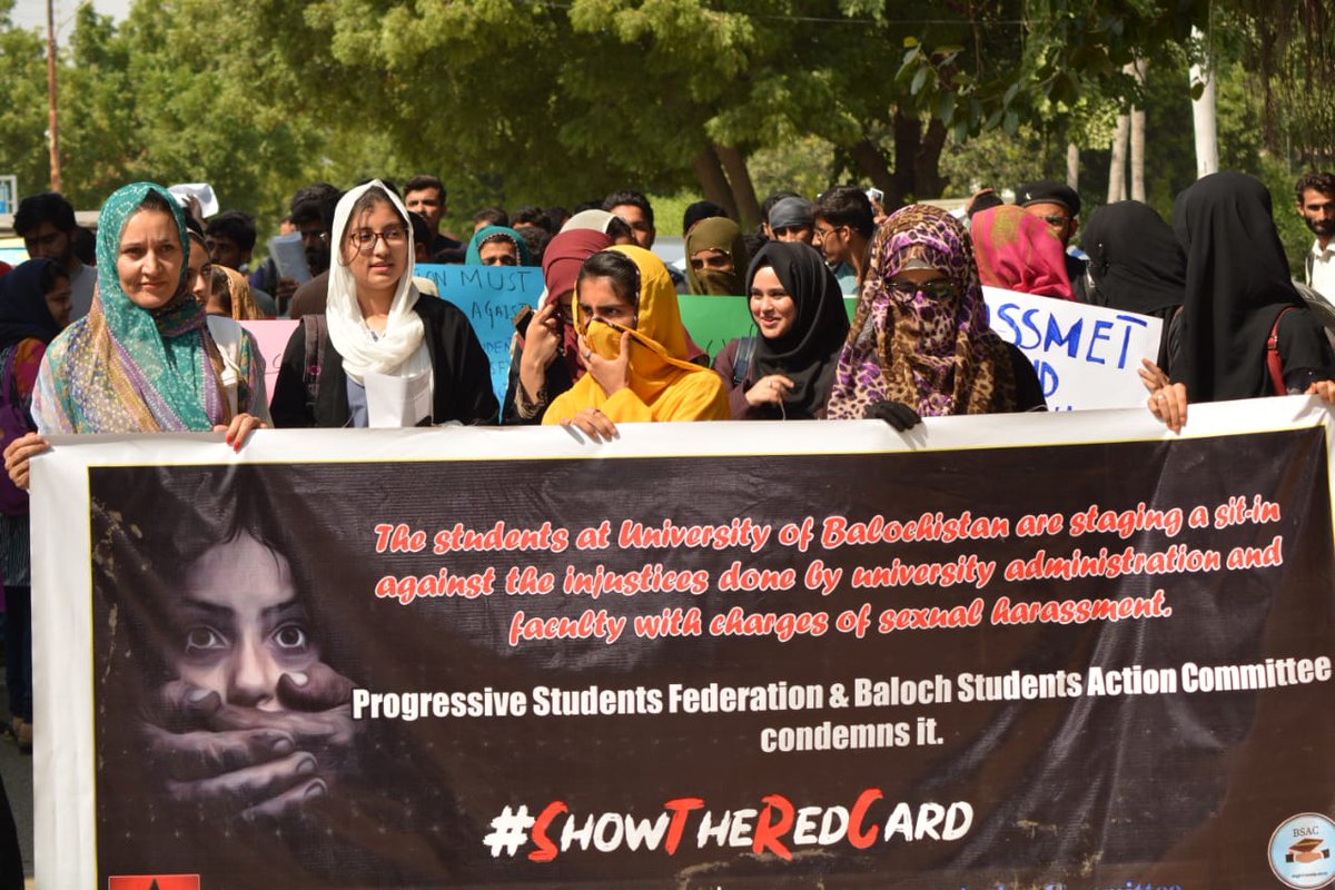 WaqasAalam's tweet photo. First of all, the argument of harrassment should not be around "pride and honor". Women are not men's pride but a biological and social being without any other frames. how is it hard to understand? PRSF &amp; BSAC condemned this narrative at recent protest of KU.
#ShowTheRedCard https://t.co/tvYrz5rUsh