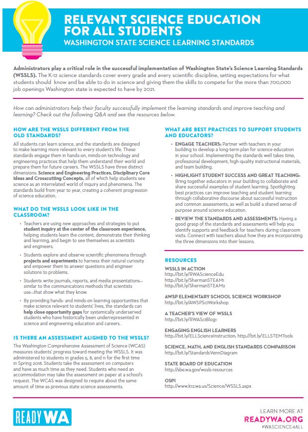 Part4Learning's tweet image. This fact sheet for school administrators from @ReadyWA supports strong science learning. Check it out! bit.ly/2ILmxg9 #WAScience4All