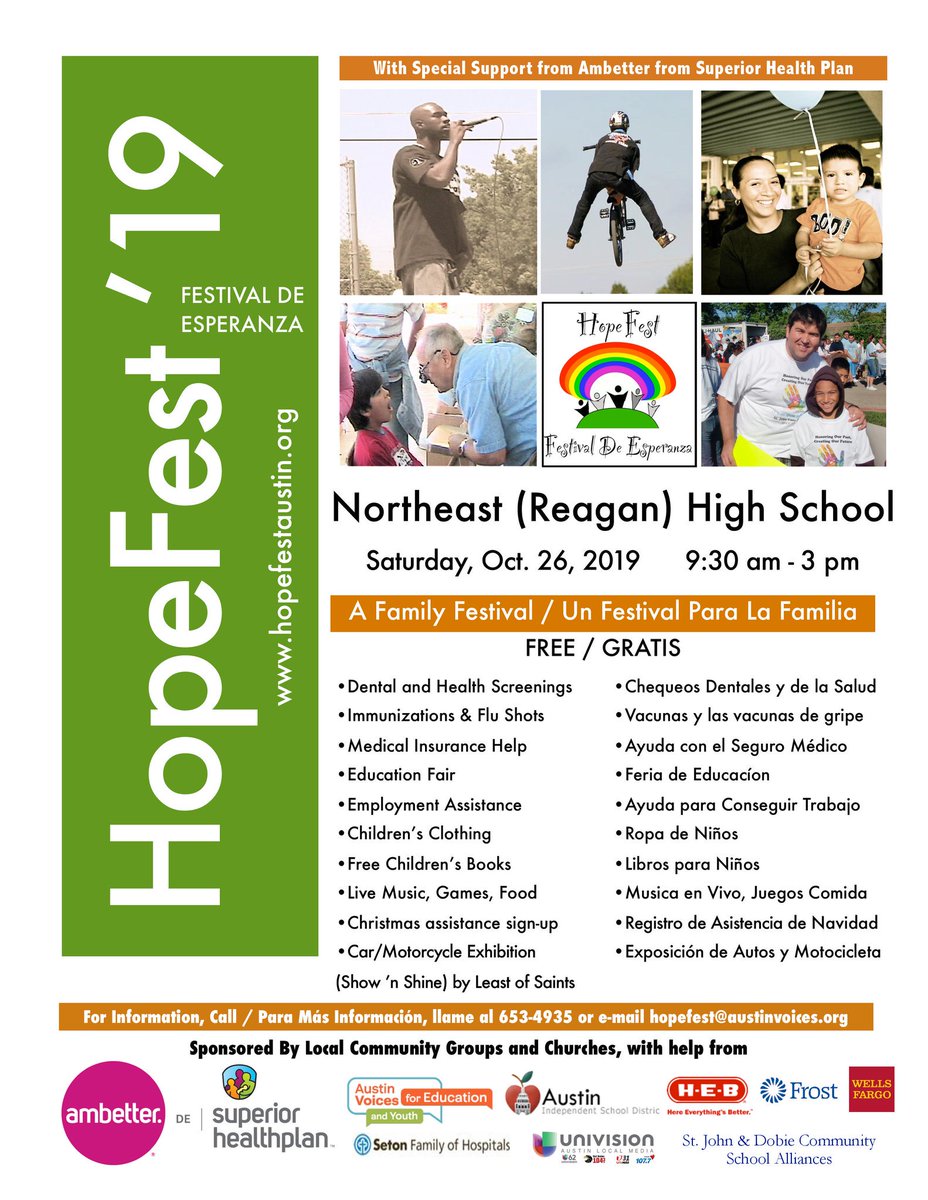 Join 150+ exhibitors at the 14th annual 
<a href="/AustinVoices/">AustinVoices</a> HopeFest Family Resource Fair @ Northeast Early College High School on Saturday, October 26!

Everything is free, including adult&amp;children’s immunizations, dental/health screenings and more!
austinisd.org/announcements/…
#AISDProud