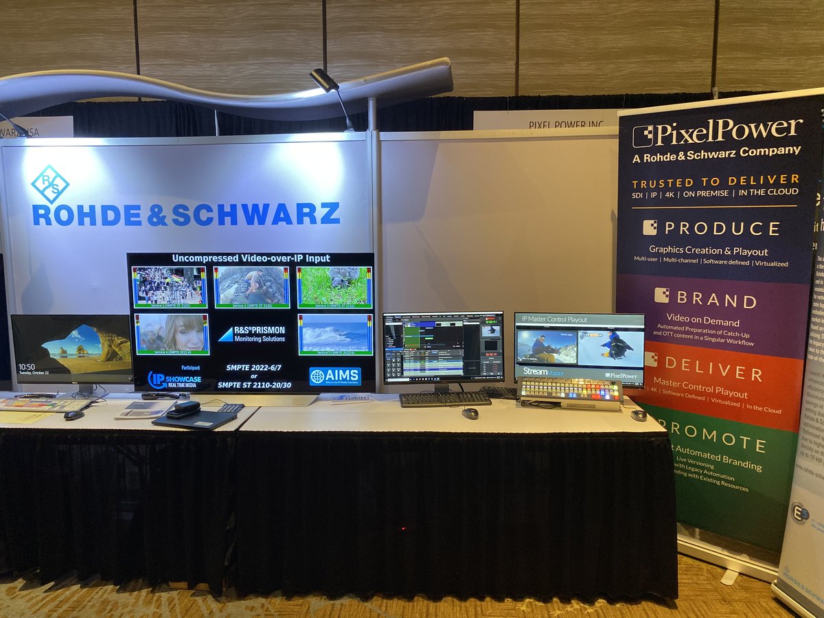 We’re all ready for you @smpteconnect @SMPTEHollywood and excited about taking you on our journey of #produce #brand #deliver #promote with @RohdeSchwarz @RandS_Broadcast #branding #virtualization #ST2110 #graphics #automation #playout #PixelPower #SMPTE2019