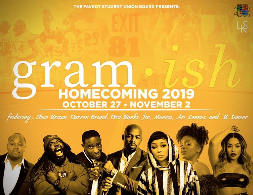 WhatsUpwithFSUB's tweet photo. We are kicking off homecoming on October 27, 2019 with plenty events for the week featuring Steve Brown, Darren Brand, Desi Banks B. Simone, Joe, Monica, and Ari Lennox! I hope youβre ready!
#gramish
#gsuhomecoming2k19
#gramfam https://t.co/q117wAnFha