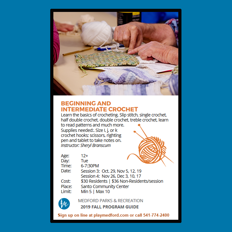 Learn or improve your existing crochet skills in a relaxing evening class at the Santo Community Center. Our next next session begins on Tuesday, October 29th!