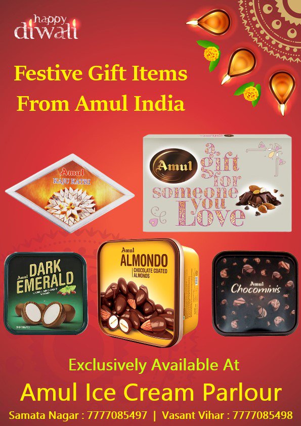 AmulThane's tweet photo. This Diwali share love &amp; purity with Amul Gift Packs, Chocolates and Premium Sweets. All range available now at our both branches.

#Festival #Celebration #Diwali #GiftPack #Chocolates #Kajukatri #Dessets #Amul #AmulParlourThane #SamataNagarThane #VasantViharThane https://t.co/1tw5r1SJoE