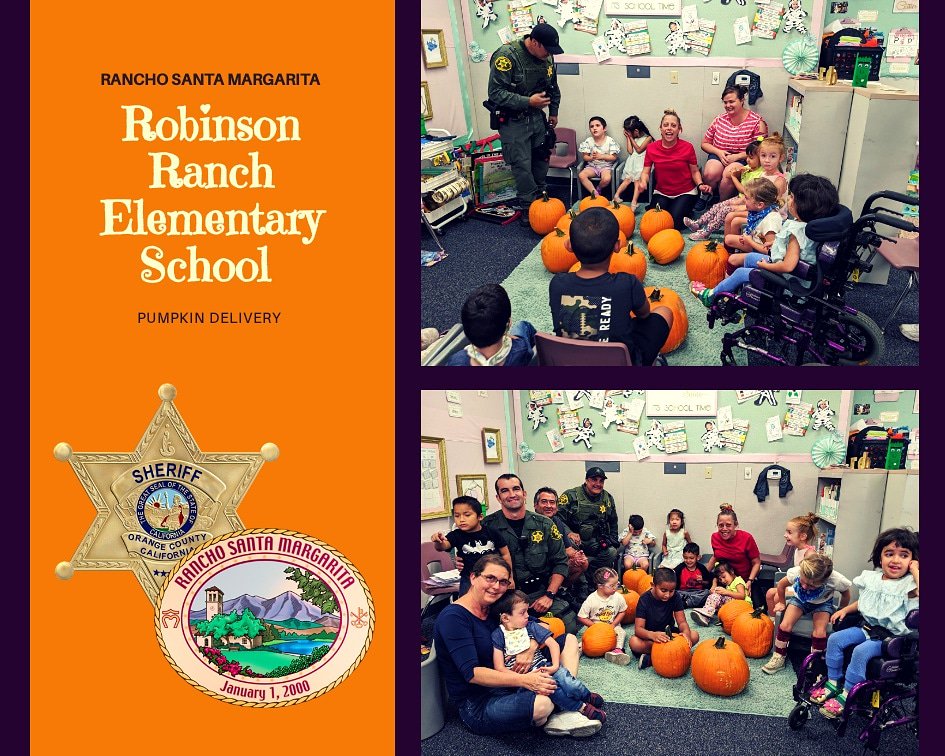 OCSDRanchoSM's tweet photo. Your #RSMDeputies had the honor of delivering pumpkin's 🎃 to our friends at Robinson Ranch Elementary today. Jack-O-Lantern smiles all around. 

#weloversm
#ProudtoserveRSM 
#october https://t.co/VFdNCtEQif
