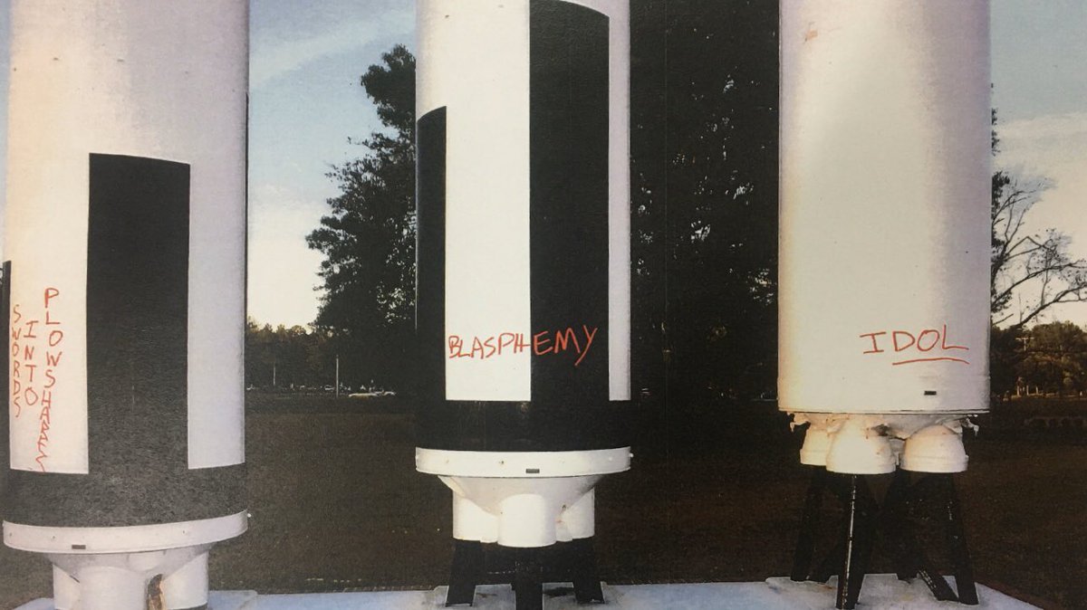 On the missiles, the devout Christian activists wrote “Swords into Plowshares,” “Blasphemy” and “Idol”.  #Plowshares  #PlowsharesTrial  @kingsbayplow7