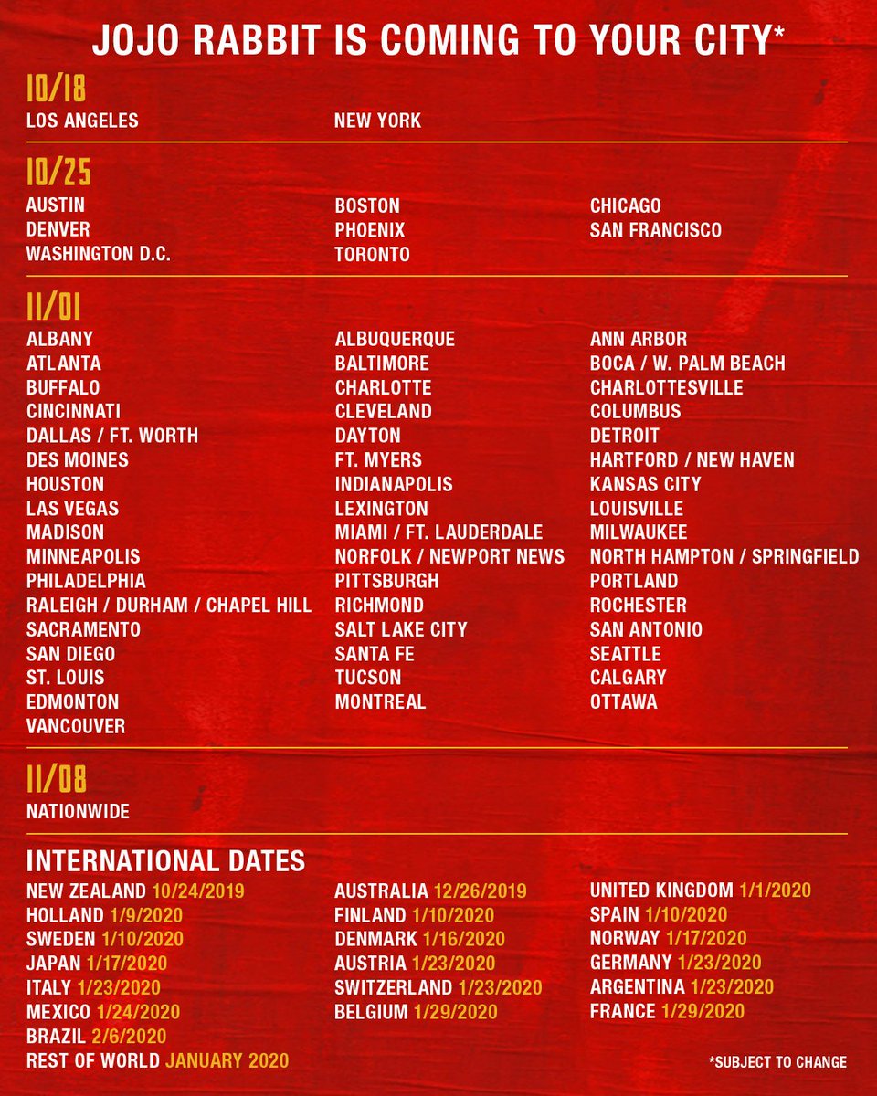 Hey! #JojoRabbit is NOW PLAYING in theaters! Here’s a little look at when it’s coming to your city.