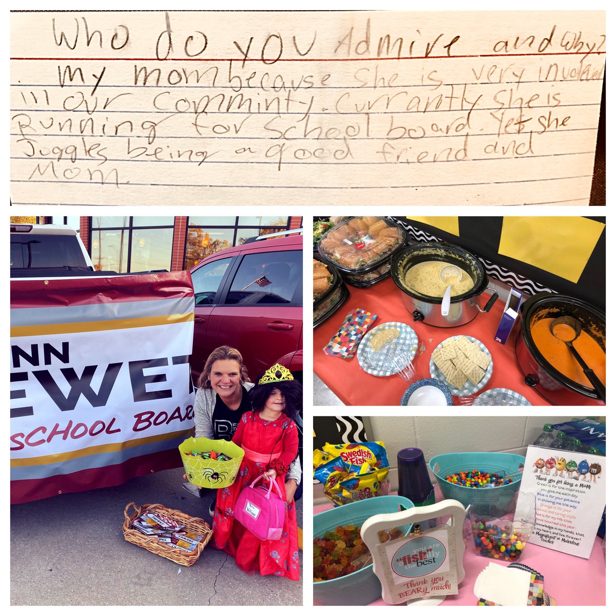 My night: PTO volunteer, campaigning and conferences. #pride This note from Cate’s conference made me most proud of all. On Nov 5th, I would love your vote, but if I gave my kids something to admire along the way...that alone would be worth it.  #BeTrew2U #betrewtoyourschool