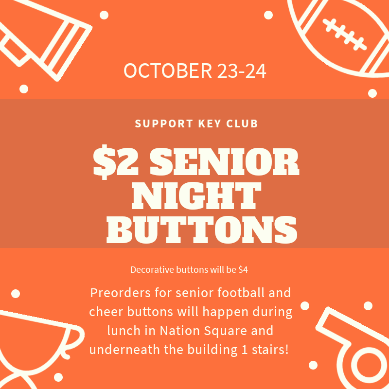 lely_keyclub's tweet photo. This Wednesday and Thursday #lhskeyclub will be selling $2 buttons during lunch in National Square and underneath the building 1 staircase. Support the @LelyCheer and @LelyFootball seniors by purchasing a button! Orders will be delivered this Friday during 7th period. @WeAreLely https://t.co/R0audwVN1B