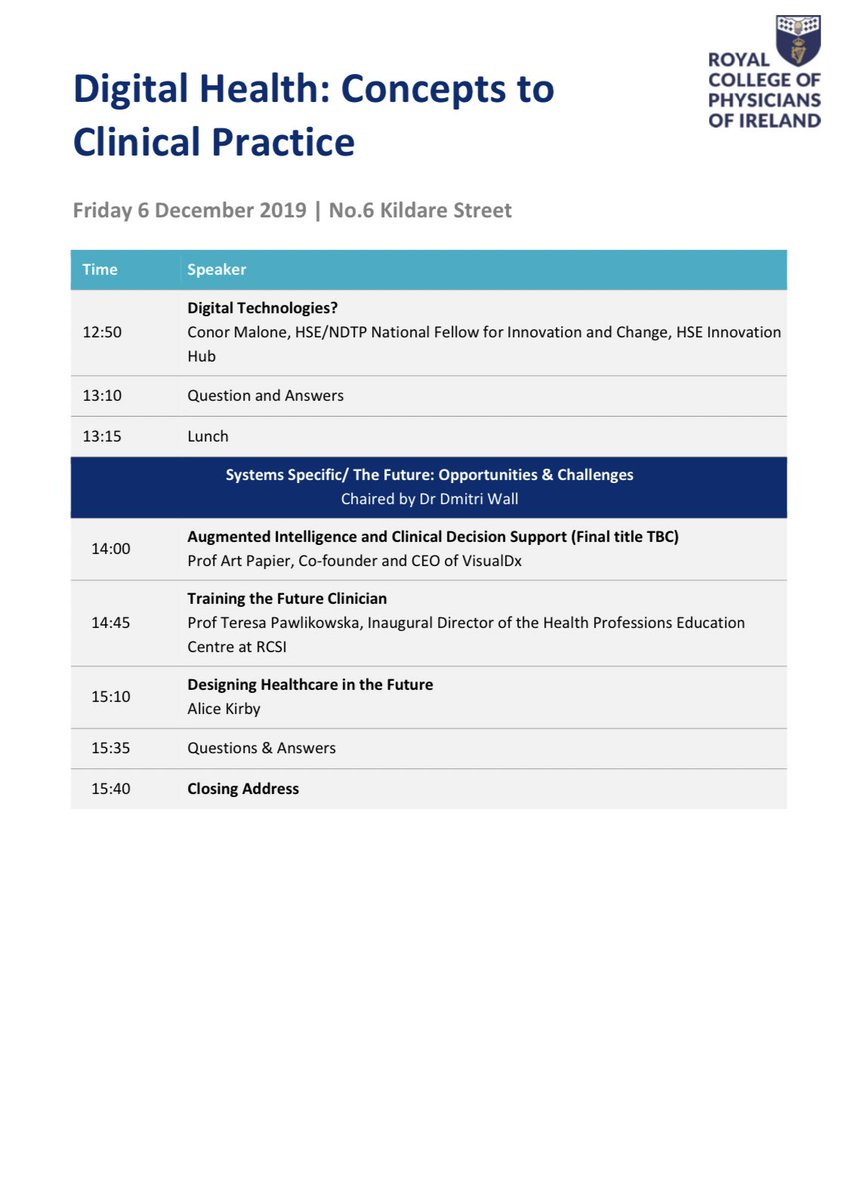 Dmitri Wall (@dmitriwall) on Twitter photo Don’t miss our <a href="/RCPI_news/">Royal College of Physicians of Ireland</a> #DigitalHealth Concepts to Clinical Practice 6/12/19 with <a href="/Paddy_Barrett/">Dr Paddy Barrett</a> <a href="/c_heavin/">CHeavin</a>
Brill line-up:
<a href="/crinuboy/">David Kerrigan</a> <a href="/VisualDx/">VisualDx</a> <a href="/TickerFit/">TickerFit™</a> <a href="/insight_centre/">Insight Research Ireland Centre</a> <a href="/vStream/">vStream Health</a> <a href="/IPPOSI/">IPPOSI</a> <a href="/DerickOMisteal/">Derick Mitchell</a> <a href="/DrConorMalone/">Dr. Conor Malone</a> <a href="/patientMpower/">patientMpower</a> <a href="/kunalthedreamer/">Kunal D Patel</a> <a href="/DrAliceKirby/">Alice</a> <a href="/CaulfieldBrian/">Brian Caulfield</a> Don’t miss our <a href="/RCPI_news/">Royal College of Physicians of Ireland</a> #DigitalHealth Concepts to Clinical Practice 6/12/19 with <a href="/Paddy_Barrett/">Dr Paddy Barrett</a> <a href="/c_heavin/">CHeavin</a>
Brill line-up:
<a href="/crinuboy/">David Kerrigan</a> <a href="/VisualDx/">VisualDx</a> <a href="/TickerFit/">TickerFit™</a> <a href="/insight_centre/">Insight Research Ireland Centre</a> <a href="/vStream/">vStream Health</a> <a href="/IPPOSI/">IPPOSI</a> <a href="/DerickOMisteal/">Derick Mitchell</a> <a href="/DrConorMalone/">Dr. Conor Malone</a> <a href="/patientMpower/">patientMpower</a> <a href="/kunalthedreamer/">Kunal D Patel</a> <a href="/DrAliceKirby/">Alice</a> <a href="/CaulfieldBrian/">Brian Caulfield</a>