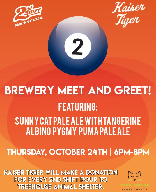 This week, the HBev crew welcomes the magical folks behind <a href="/2ndshiftbrewing/">2nd Shift Brewing</a> in St. Louis, MO, out to <a href="/KaiserTigerChic/">Kaiser Tiger</a> in Chicago, IL, to hug &amp; chug with us while we raise funds for <a href="/TreeHouseCats/">Tree House Humane Society</a> Humane Society! Come sip a Sunny Cat or Pygmy Puma &amp; let's PURRRRRR!  #beerstagram