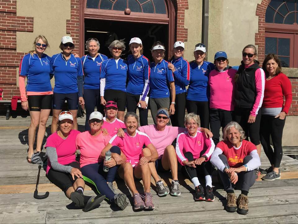 #pinktheboathouse 
Kristen Thorsness is with Susan Morgan Hooten and 4 others.
October 19 at 5:24 PM · 
Here’s my team, Etats Unis, in pink and the 1980 Club in blue (all of us US National Team alumnae) after our race today.  In honor of Joan Lind and others we've lost.