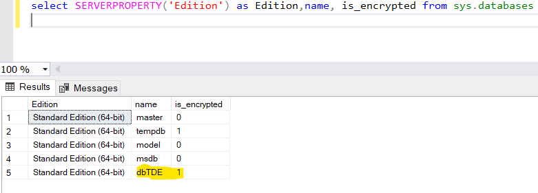 banerjeeamit's tweet image. Look what I found on #SQLServer2019 Standard Edition. Transparent Database Encryption. :) #SQL2019WhatsNew #SQLServer