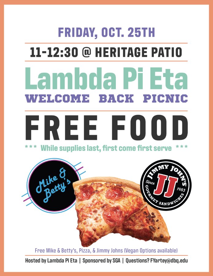 UDCOMM's tweet image. Join the Lambda Pi Eta crew this Friday from 11-12:30 at heritage! Snag some free food and learn about the Communication Department