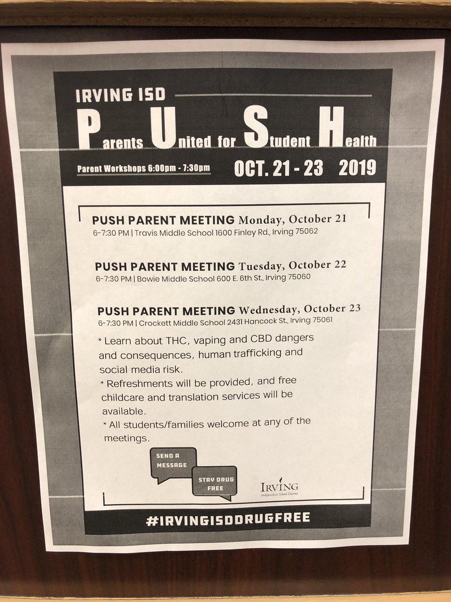 Austin Middle School (@austin_broncos) on Twitter photo <a href="/Austin_Broncos/">Austin Middle School</a> Parents: Happening still TONIGHT 10/22 & TOMORROW NIGHT 10/23 please make your way out to attend Irving ISD’s P.U.S.H. Events. This stands for Parents United for Student Health and will be a VERY INFORMATIVE session on need to know info! <a href="/Austin_Broncos/">Austin Middle School</a> Parents: Happening still TONIGHT 10/22 & TOMORROW NIGHT 10/23 please make your way out to attend Irving ISD’s P.U.S.H. Events. This stands for Parents United for Student Health and will be a VERY INFORMATIVE session on need to know info!