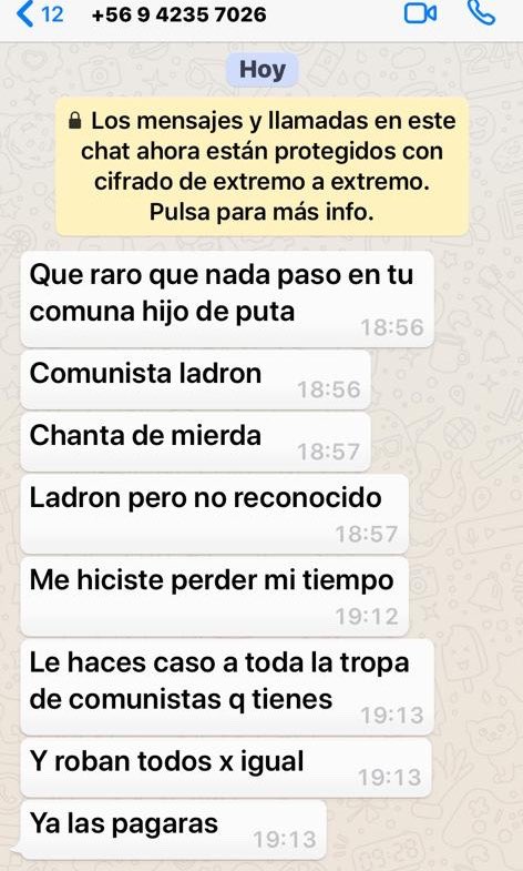 danieljadue's tweet photo. Me acaba de llegar este mensaje a mi teléfono. Sepan que nadie nos amedrentará a seguir trabajando por un Chile mejor. Hoy más que nunca seguiremos junto al pueblo que reclama justicia y dignidad! #NoTenemosMiedo https://t.co/ADnABQSRf6