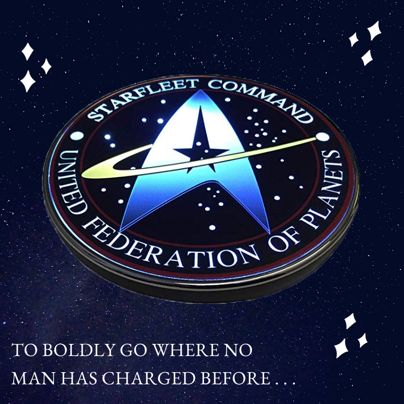 fametek's tweet photo. It might not beam you up, but the Star Trek Starfleet Command wireless charger is 10% off with code FAMETK10 for a limited time! Energize your phone Wirelessly using the new Star Trek Qi Wireless Charger with Backup Battery and Illuminated STARFLEET COMMAND logo! https://t.co/pLATTlZUfX