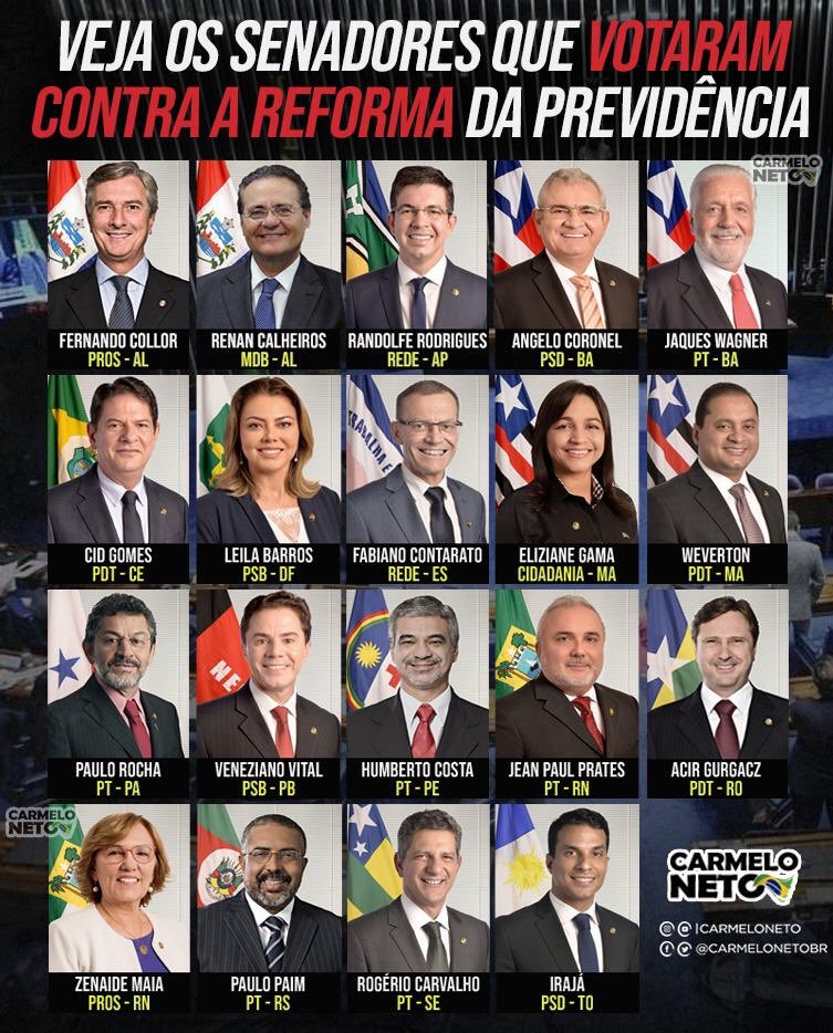 carmelonetobr's tweet photo. Os senadores que votaram CONTRA a reforma da Previdência, a favor do desemprego e dos privilégios. https://t.co/zeBQM0z2e7