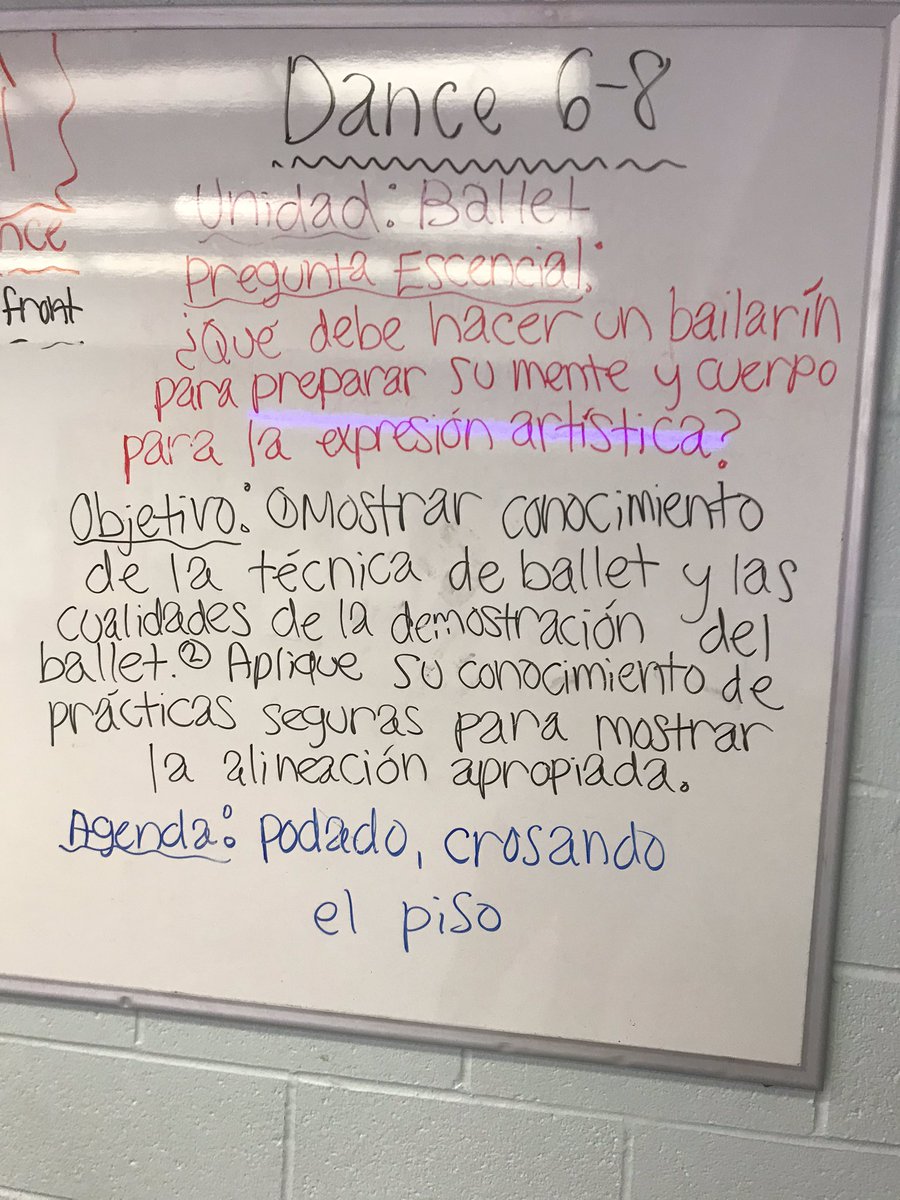 ommsdance's tweet photo. Outcome, Essential Question, Agenda, and Unit were posted in Spanish today encouraging leadership for some of our students and empathy for others #allmeansall https://t.co/FSpJKNYVi4