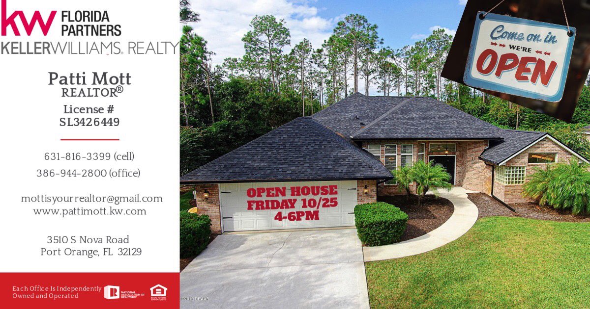 MottPatti's tweet photo. OPEN HOUSE 
FRIDAY 10/25  4-6PM
52 Cambridge Trace 
Ormond Beach, FL  32174. #openhouse https://t.co/UJQ4ysoc3A