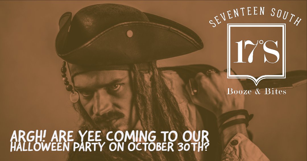 17South_Bar's tweet photo. Argh, yee coming to our Halloween party?
Do the monster mash with us at our Halloween Party on October 30th from 6-8 PM at 17° South Booze &amp; Bites! Dress up in your Halloween costume and get a chance to win a prize. #tahitivillage #17south #halloween #costumecontest #costume https://t.co/FuJHSLk2X1