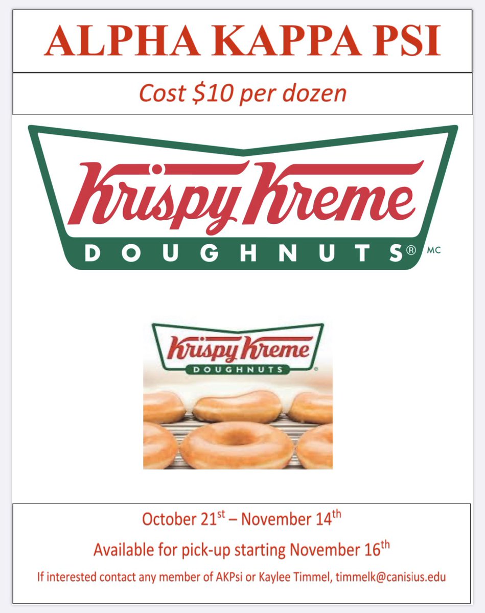 AkpsiC's tweet photo. It’s time for our Krispy Kreme fundraiser! If you are interested in purchasing donuts contact any AKPsi brother. Donuts will be picked up and delivered November 16th! https://t.co/4x5uTrFs6O