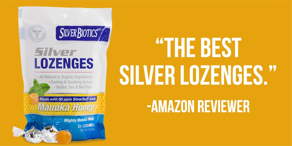 SilverBiotics's tweet photo. ⭐️ ⭐️ ⭐️ ⭐️ ⭐️ “Have tried other brands of silver lozenges, but consider these the best so far.  Just a slight hint of mint with honey &amp; colloidal silver, very nice.” 🍯👌-Amazon Reviewer #coldcare #coughdrops #lozenges #manukahoney #naturalmedicine #naturalhealing https://t.co/I9ZJEBIsLH