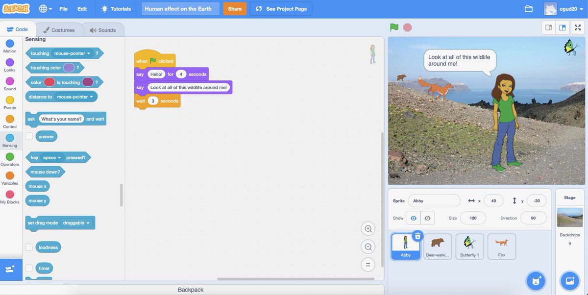 OGmahle's tweet image. The beginning of my very first #scratchcode lesson! I loved this assignment because I got to make it exactly how I wanted it to be and my options were endless! #EDUC387014 #computationalthinking
