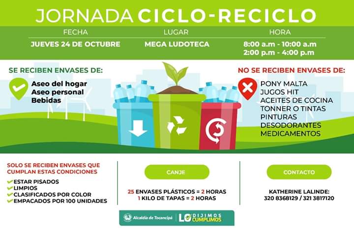Invitamos  a la próxima jornada de recolección de envases plásticos, el  jueves 24 de octubre en la Mega Ludoteca,  en los horarios de 8:00 a 10:00 a.m. y de 2:00 p.m. a 4:00 p.m,