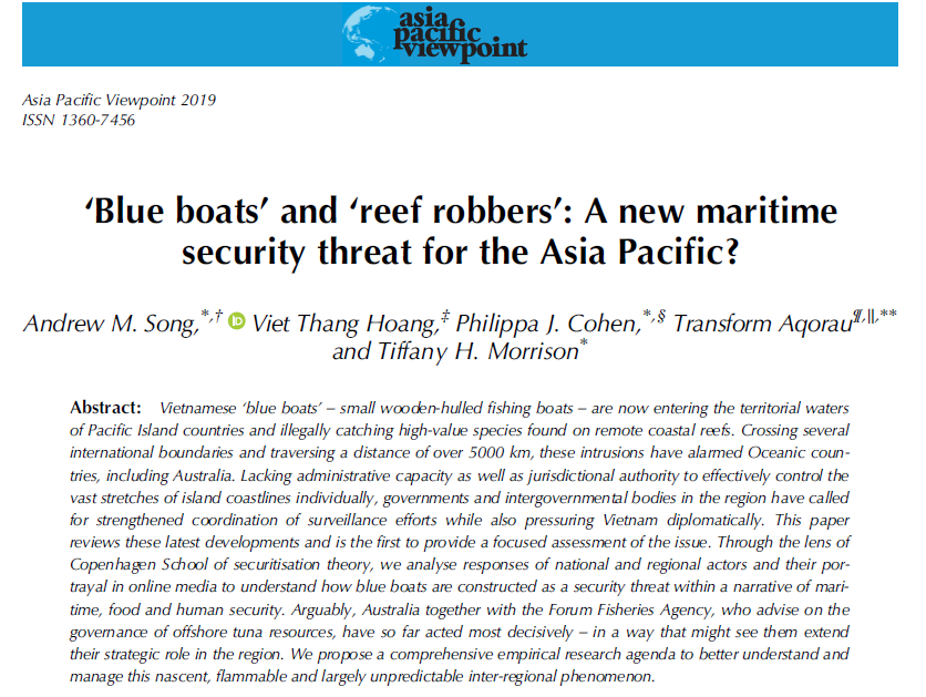 andrewmsong's tweet photo. A new paper on #SmallScaleFisheries and #MaritimeSecurity

- How to make sense of fishing boats crossing international boundaries to poach sea cucumber?

- What are Vietnam, Pacific Island countries and Australia doing to control/deter it?

Open access: https://t.co/yjgmNMwe6x https://t.co/nxrdKrGuXG