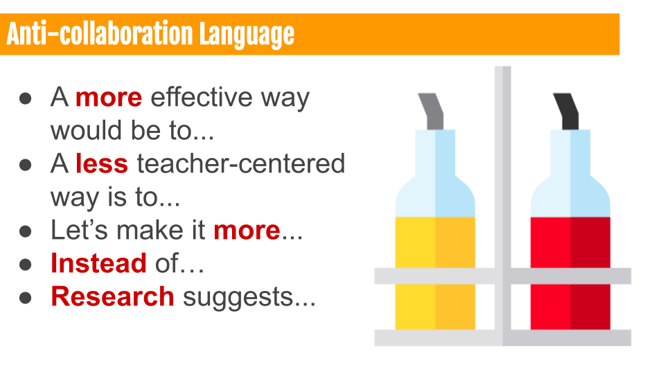 TanKHuynh's tweet photo. A3. The critical, evaluative language we use can scare away our colleagues. 

Be careful of these highly loaded, judgmental statements.  

#coteachat #esl #eal #eld #esol #tesol https://t.co/RVY9pIk5et