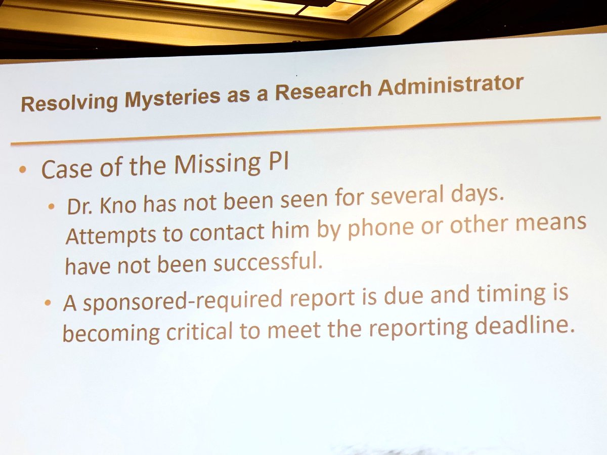 MattyCayuse's tweet photo. Thoughtful, sage advice from @gwith3 (and panel) this morning at #SRA2019AM session on dealing w/mysteries in research administration. By escalate slowly—she meant don’t damage future relationships by going to PI’s Dean first. Do lower detective work first. #CayuseFamily https://t.co/XTb8VMpjKe