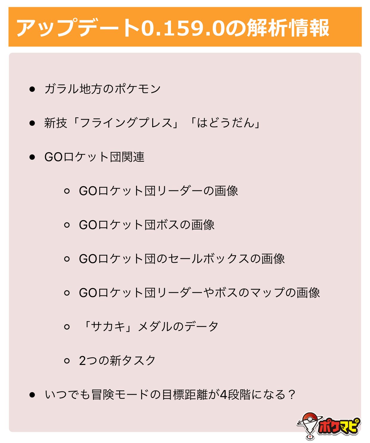 ポケモンgo攻略情報 ポケマピ アップデート0 159 0の解析情報をまとめました ガラル地方ポケモン 新技 フライングプレス はどうだん Goロケット団関連 リーダーやボスの画像 サカキメダルなど いつでも冒険モードの目標距離が4段階に ポケモンgo攻略情報 ポケマピ アップデート0 159 0の解析情報をまとめました ガラル地方ポケモン 新技 フライングプレス はどうだん Goロケット団関連 リーダーやボスの画像 サカキメダルなど いつでも冒険モードの目標距離が4段階に