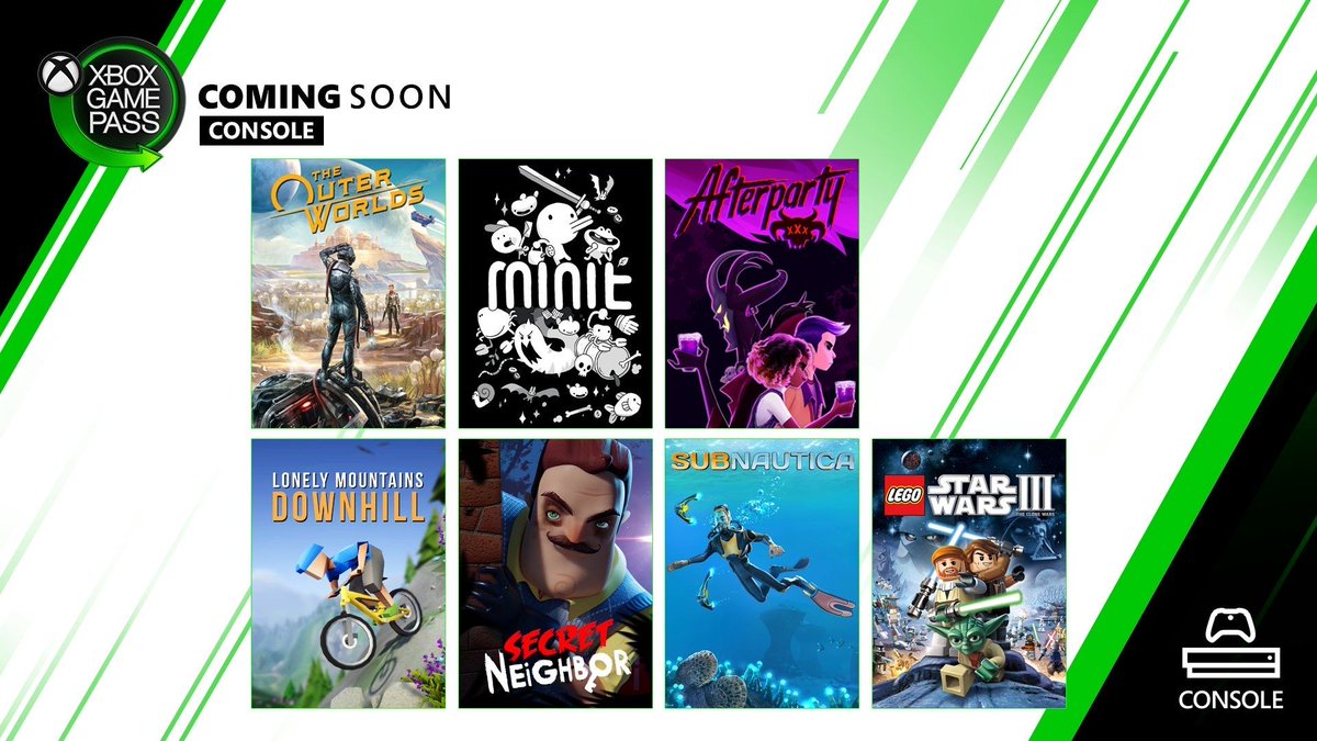 SlightlyOffTpic's tweet photo. Coming Soon to an Xbox Game Pass near you
#XboxOne #Xbox #XboxOneX #XboxGamePass #outerworlds #Minit #afterpartygame #StarWars #Subnautica #secretneighbor #SlightlyOffTopic #Trip9Media https://t.co/w65QiIXmfC