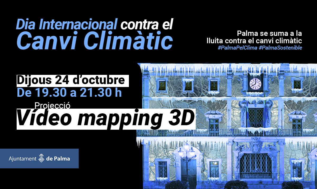 ajuntpalma's tweet photo. Bon dia! 🎥 Ens sumam a la lluita contra el #CanviClimàtic!

Demà, #DiaInternacionalContraElCanviClimàtic, projectarem un espectacular vídeo #mapping pel clima! 🌍

Passa per #Cort entre les 19.30 i les 21.30 h, la projecció serà ininterrompuda! #CanviClimàtic #Palma https://t.co/22a2Hc1Ed3