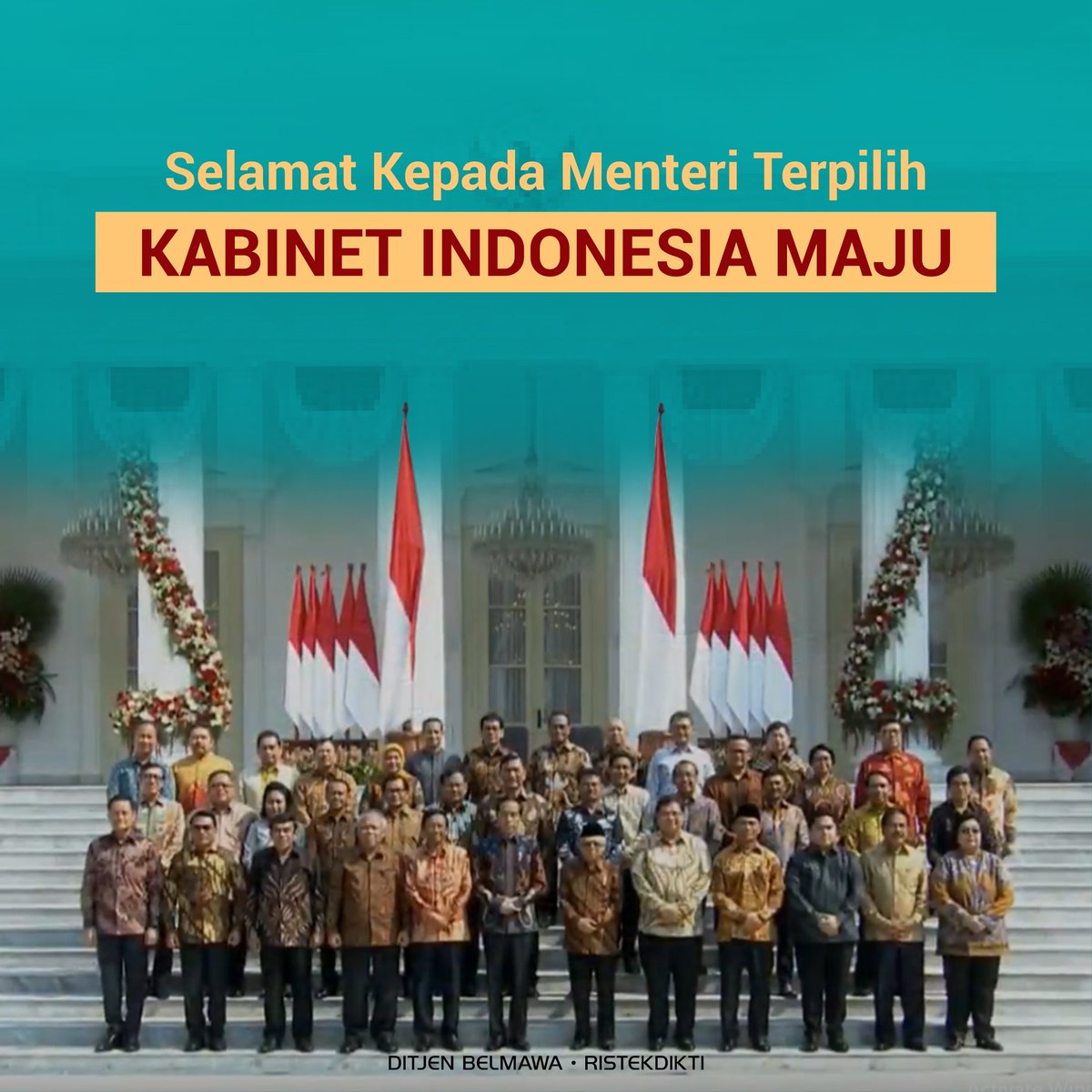 Kemdiktisaintek's tweet image. Halo #SobatBelmawa!

Hari ini Presiden Joko Widodo dan Wapres Ma&apos;ruf Amin mengumumkan Kabinet Indonesia Maju 2019-2024.

Yuk simak siapa saja putra-putri terbaik Indonesia yang terpilih dan sampaikan harapan #SobatBelmawa di kolom komentar!

#Ristekdikti #Belmawa #IndonesiaMaju