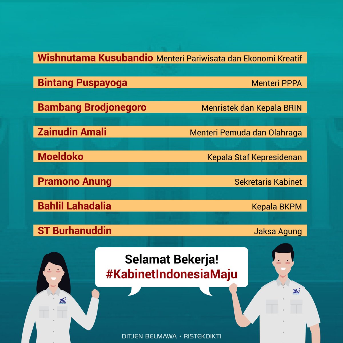 Kemdiktisaintek's tweet image. Selamat bekerja Kabinet Indonesia Maju 2019-2024.

#Ristekdikti #Belmawa