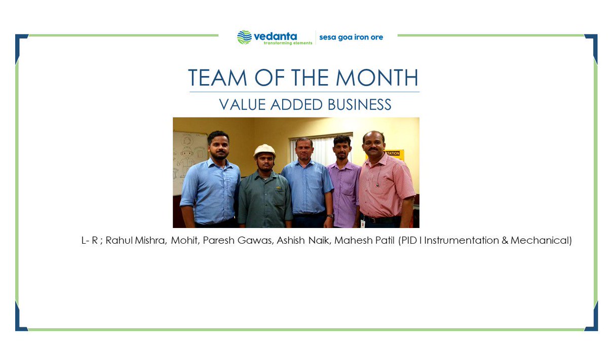 V_I_S_L's tweet photo. CONGRATULATIONS to the #WinnersAtWork - Value Added Business Employee Accolades - September 2019 ! #Vedanta #Congratulations #SesaGoaIronOre 
#employee #accolades @NavnathVhatte @sauvickmazumder @VedantaLimited https://t.co/ys5ZUszVdu