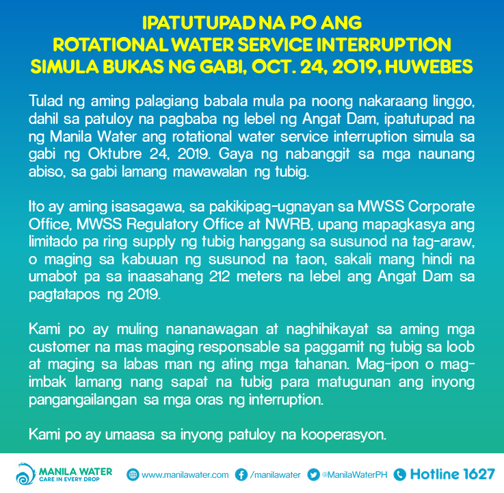 ManilaWaterPH's tweet photo. IPATUTUPAD NA PO ANG ROTATIONAL WATER SERVICE INTERRUPTION SIMULA BUKAS NG GABI, OCT. 24, 2019, HUWEBES https://t.co/W6adaW8CgO