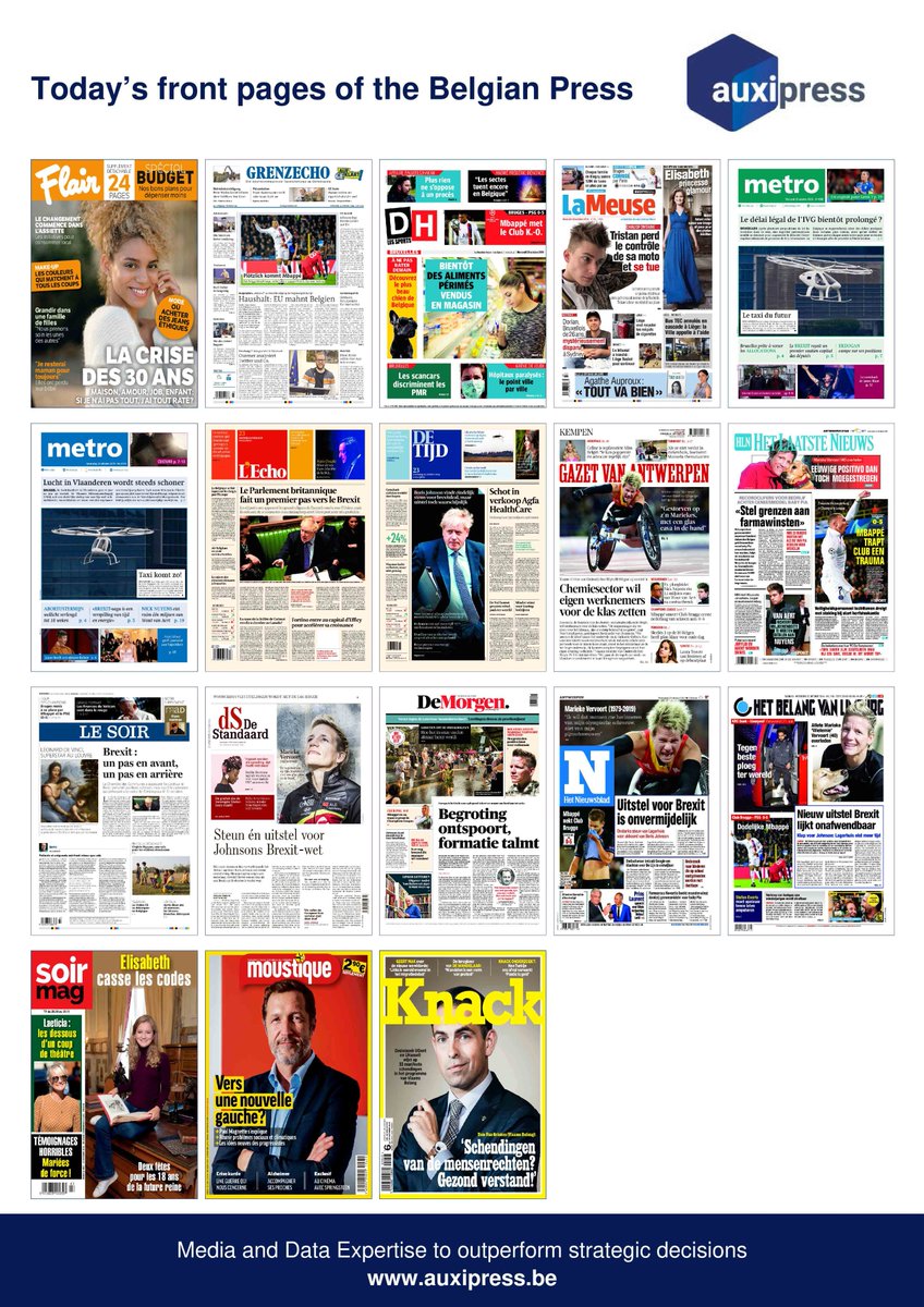 Auxipress's tweet photo. #Newsoftheday - Discover today's front pages of the #BelgianPress !
#Bruges #PSG #BRUPSG #Mariekevervoort #clubpsg #Mbappé #IVG #Abortustermijn #Brexit #Erdogan #BorisJohnson #LeonarddeVinci #Louvre #PaulMagnette #Elisabeth #LeBron #Wielemie https://t.co/cAEWreInAS