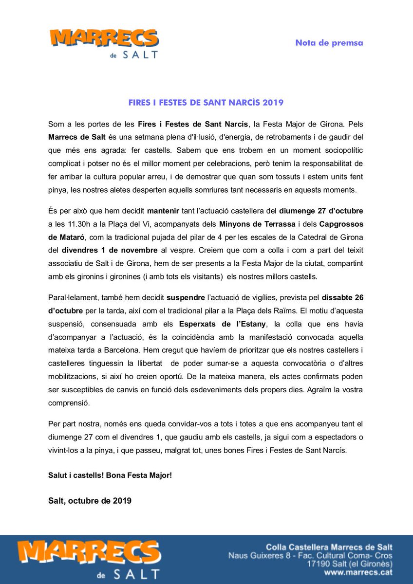 Marrecs's tweet photo. ‼️ NOTA DE PREMSA

Malgrat la suspensió d'alguns actes de les #FiresGirona, @Marrecs mantenim en peu tant la diada d'aquest diumenge a les 11.30 a la Pl. del Vi amb @Minyons i @capgrossos, com la pujada del pilar per les escales de la @CatedralGirona. (1/2) https://t.co/hQfALSVo24