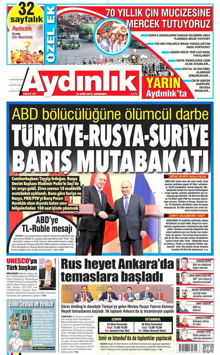 "ABD Bölücülüğüne Ölümcül Darbe
TÜRKİYE-RUSYA-SURİYE BARIŞ MUTABAKATI"

#Aydınlık - 23 Ekim 2019
AYDINLIK, Vatan Savaşı'nın Ön Cephesinde 

Gerçekleri AYDINLIK Yazar aydinlik.com.tr