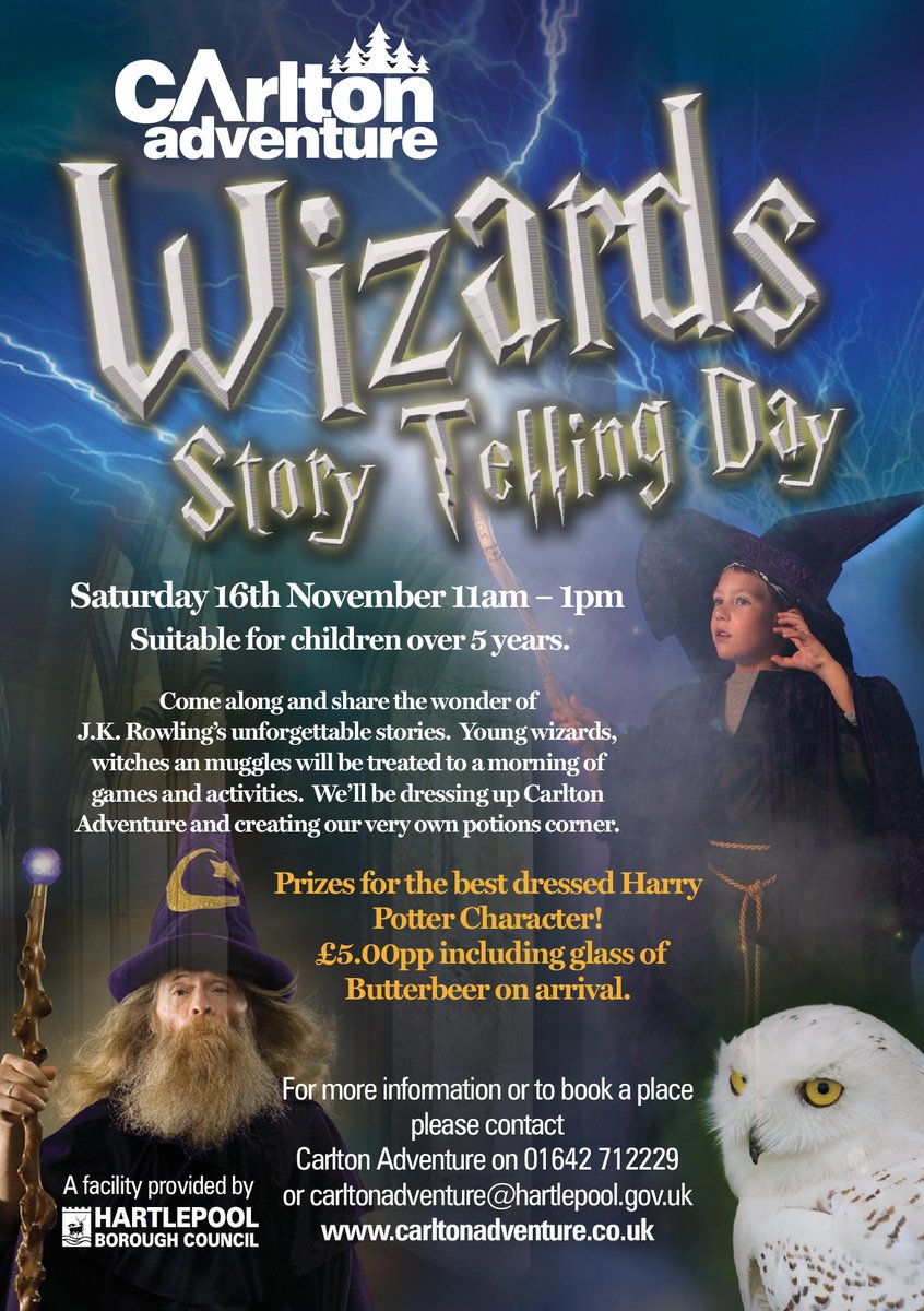 Carlton Adventure (@carltonadv) on Twitter photo Take a look at this great Wizards Story Telling Day taking place at Carlton Adventure🎉🧙♂️
The session takes place on Saturday 16th November 2019, from 11:00am until 1:00pm
Only £5 per person‼️
#CarltonAdventure #StoryTellingDay #Wizards Take a look at this great Wizards Story Telling Day taking place at Carlton Adventure🎉🧙♂️
The session takes place on Saturday 16th November 2019, from 11:00am until 1:00pm
Only £5 per person‼️
#CarltonAdventure #StoryTellingDay #Wizards