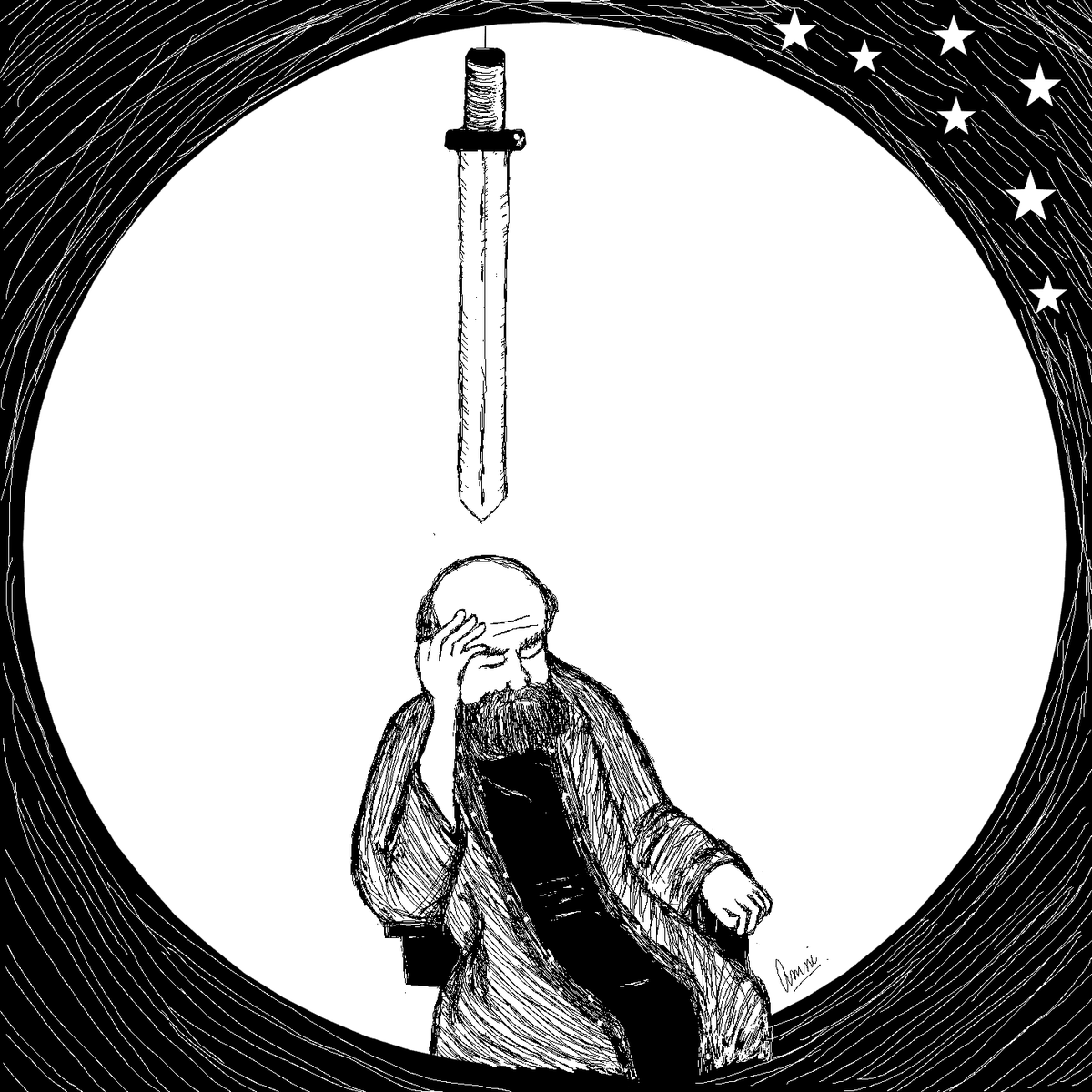 "Above, where seated in his tower I saw Conquest depicted in his powerThere was a sharpened sword above his headThat hung there by the thinnest simple thread"  #Inktober  #Inktober2019  #Brexit  #Damocles  #ancient