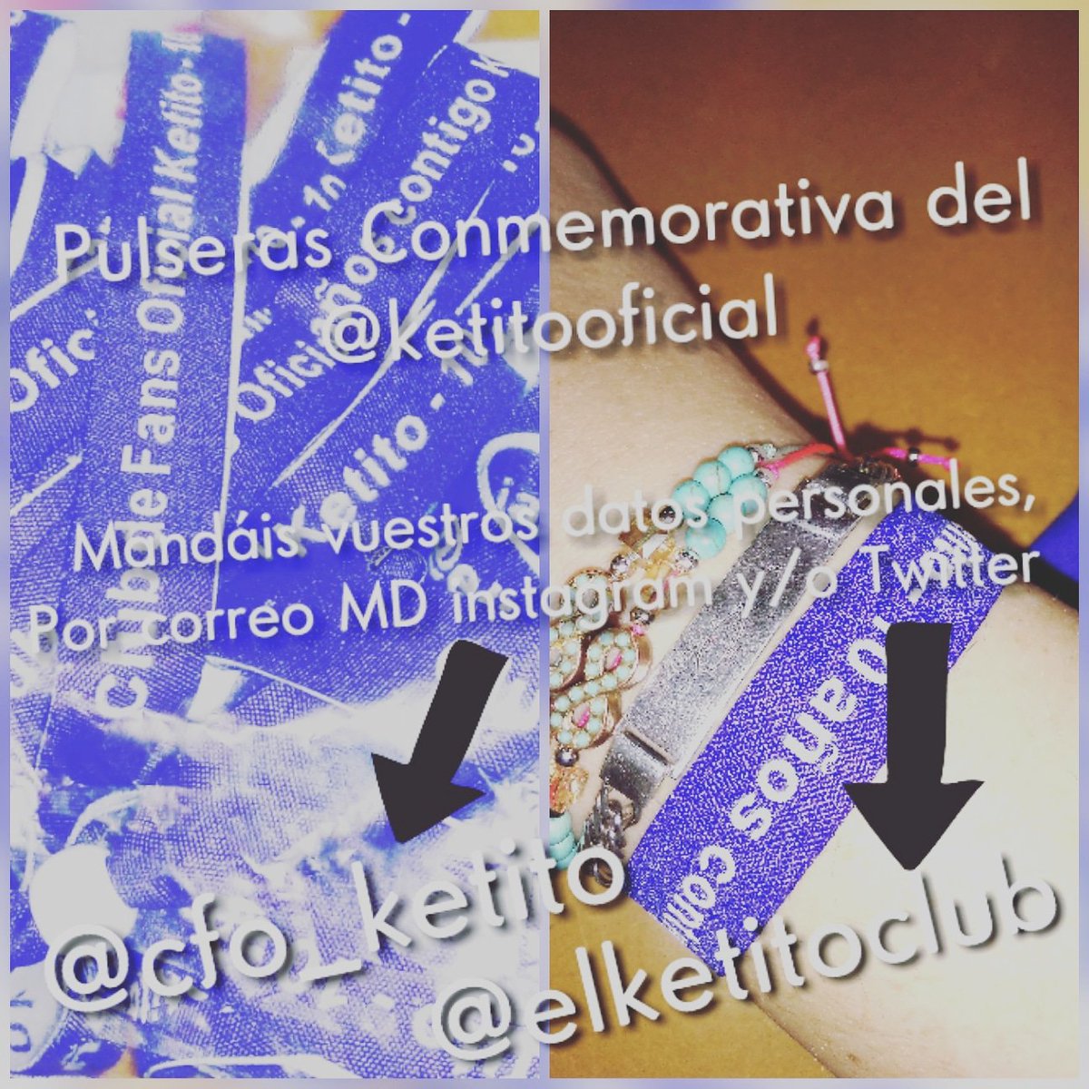 ElKetitoClub's tweet photo. Llegó el momento... Ya podéis hacer vuestro pedido de las pulseras conmemorativa de @ketitooficial!!! Manda privado y te diremos donde hay que hacer el ingreso. Gracias. #escapemosjuntos #10añosdeMusicaKetito #unahistoriareal #amordecontrabando #porestandarte #arate @Inmaugener https://t.co/akzmEgx8kA
