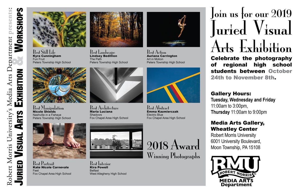 RMUArtsHuma's tweet photo. See the artwork of local high school students &amp; their teachers in our 3rd Annual RMU Media Arts: Juried Visual Arts Exhibition &amp; Workshops. This selective juried exhibition is on display in the Media Arts Gallery Thursday, October 24 through Friday, November 8 @RMU @RMUAdmissions https://t.co/hOAUyxmAmd